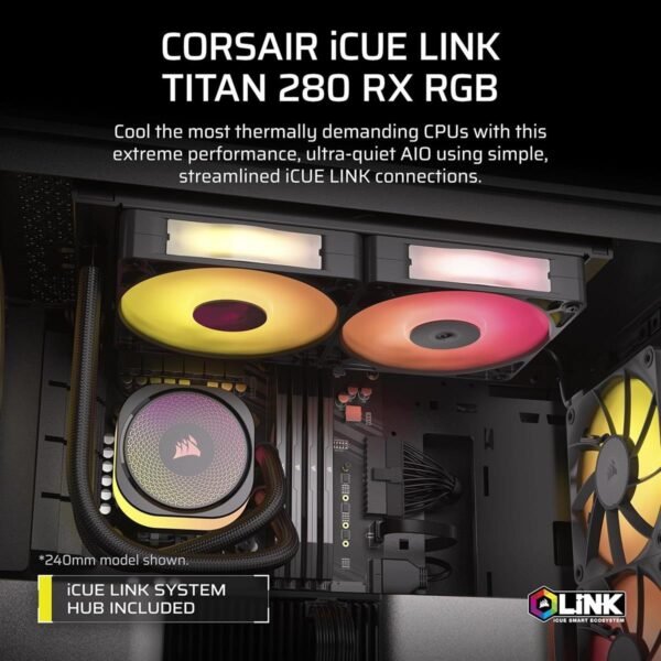 Corsair iCUE Link Titan 280 RX RGB Liquid CPU Cooler, 280mm AIO, Low-Noise, FlowDrive Cooling Engine, Intel LGA 1851/1700, AMD AM5/AM4, 2X RX140 RGB Fans, iCUE Link System Hub Included – Black - Image 2